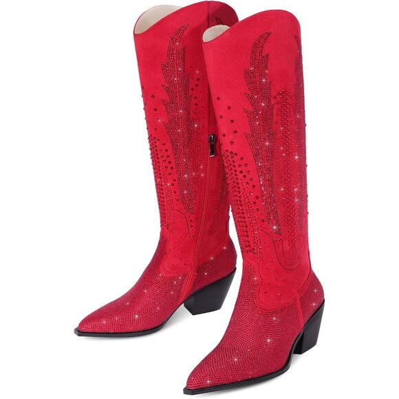 Women Polyurethane Red Knee High Pointed Toe Chunky Heel Rhinestone Tall Boot - Picture 4 of 7